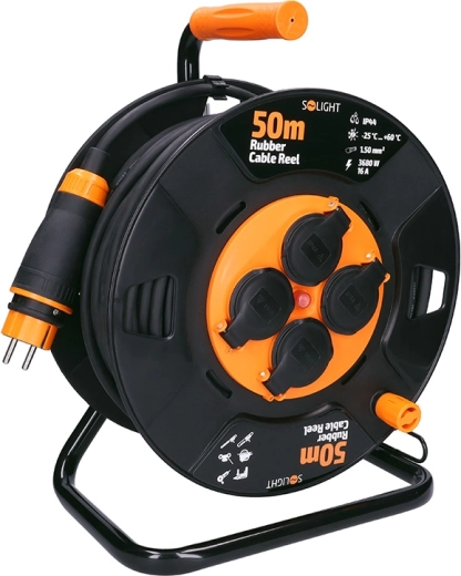 Solight buitenverlengkabel op haspel 50 m, 4 stopcontacten, rubberen kabel, IP44