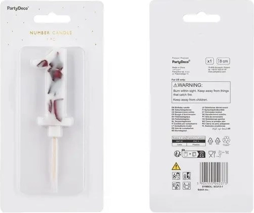 Bougie d'anniversaire blanche en forme de chiffre 1 avec motif marbré, 8 cm