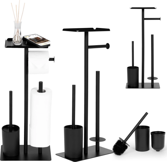 ModernHome Badezimmerständer für Toilettenpapier mit WC-Bürste und Ablage, schwarz