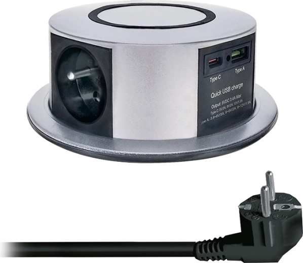 Solight versenkbarer Steckdosenblock für die Arbeitsplatte 3× 230 V + USB-A/USB-C PD 20 W mit kabellosem Qi-Laden 10 W, 2 m, silbern