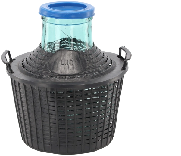 Glass demijohn in basket 10 L with wide neck