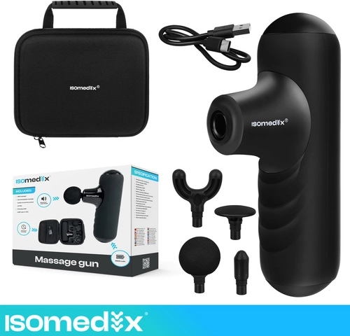 Pistolet de massage mini Isomedix avec 5 modes, 4 embouts et étui