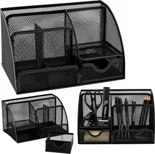 Metalen bureau-organizer van metalen gaas met lade, zwart