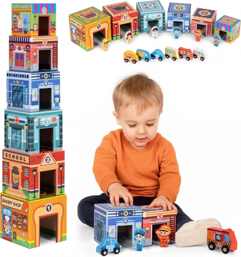 Tour de ville à étages – pyramide, cubes avec figurines et véhicules, 18 pièces