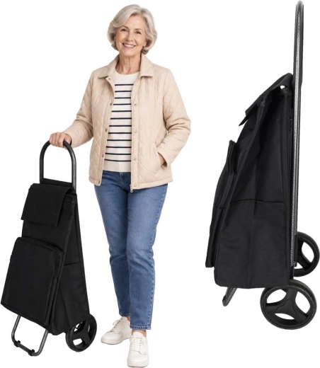 Schwarzer Einkaufstrolley mit Tasche auf Rädern mit Thermofach 95 cm