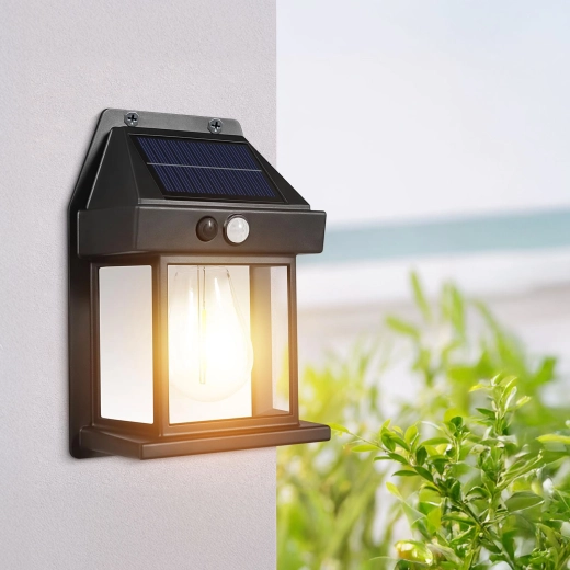 SolÃ¡ire wandlamp met bewegingssensor en filament-ledlamp, zwart