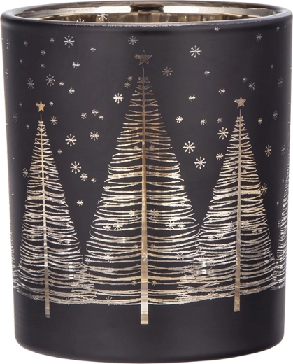 Black glass candle holder with gold interior and Christmas tree motif