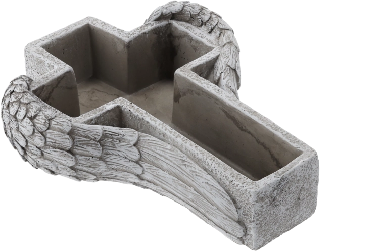 Cement cemetery planter with winged cross relief, grey, 27.5 cm