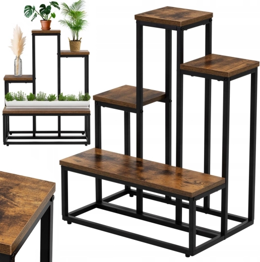Metal plant stand, 4 tiers, antique oak – for 6 flower pots - 1 piece