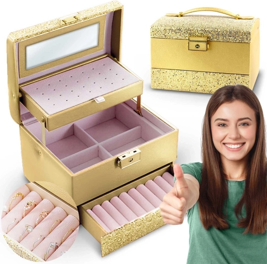 Gold MASSIDO jewelry box with handle and lock