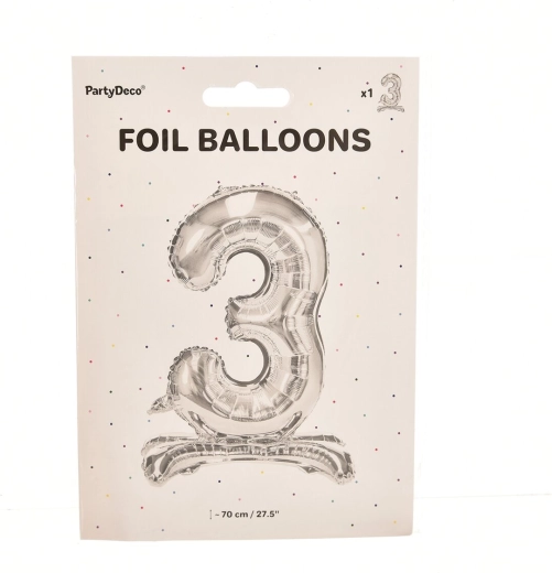 Staande folieballon cijfer 3 zilver 70 cm