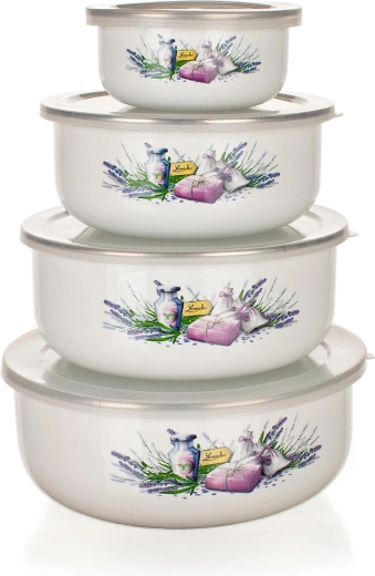 Set geëmailleerde kommen met deksels Lavender, 8-delig
