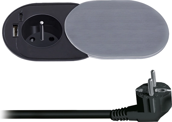 Solight Einbau-Steckdose 230 V mit USB-A und USB-C PD 20 W mit Schiebedeckel, 2 m, silbern