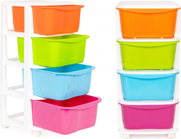 Organisateur coloré en plastique avec quatre tiroirs sur roulettes