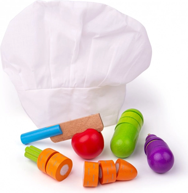 wooden cutting vegetables with chef’s hat BIGJIGS TOYS