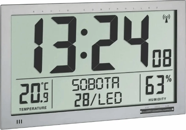 Radiogestuurde digitale XL-klok van TFA met thermometer en hygrometer, zilverkleurig