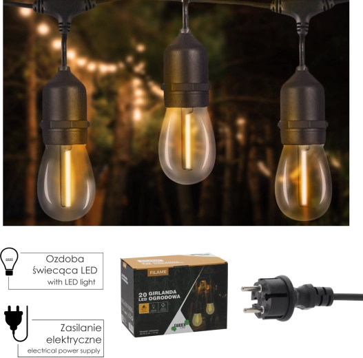 Garten-LED-Lichterkette FILAME 20 m mit 20 E27-Glühbirnen, warmweiß