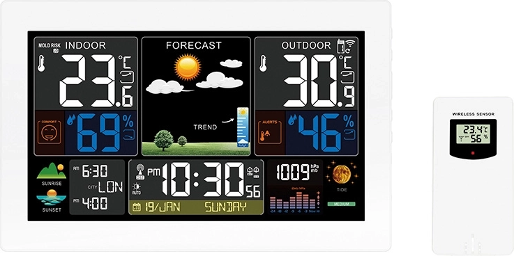 Solight Wetterstation mit extra großem Farb-LCD-Display, Messung von Temperatur, Luftfeuchtigkeit und Druck, RCC und USB-Laden, weiß