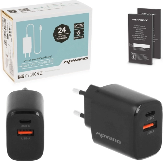 Movano GaN-Netzladegerät 20 W USB-C PD + USB-A schwarz