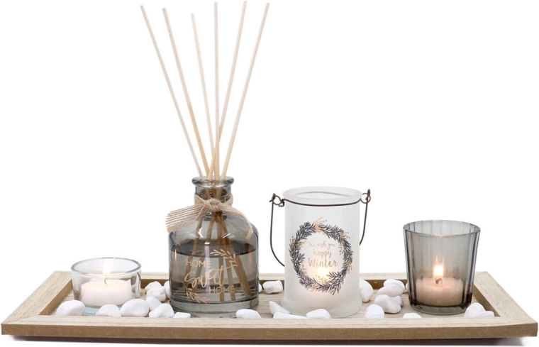 Dekorativer Kerzenhalter und Diffusor aus Holz und Glas, 5-teilige Set, 36 × 14 × 1 cm