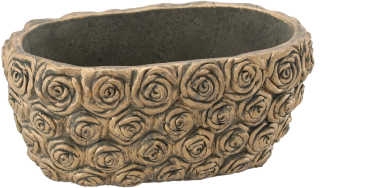 Cement planter with rose relief in gold color