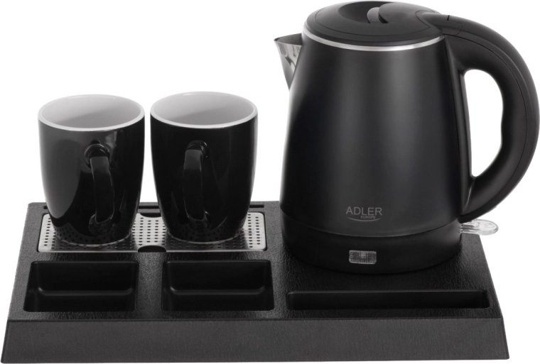 Hotel electric kettle with tray and 2 cups 1 L, stainless steel