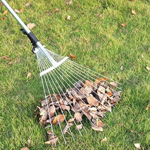 Râteau éventail métallique réglable pour feuilles et herbe avec manche