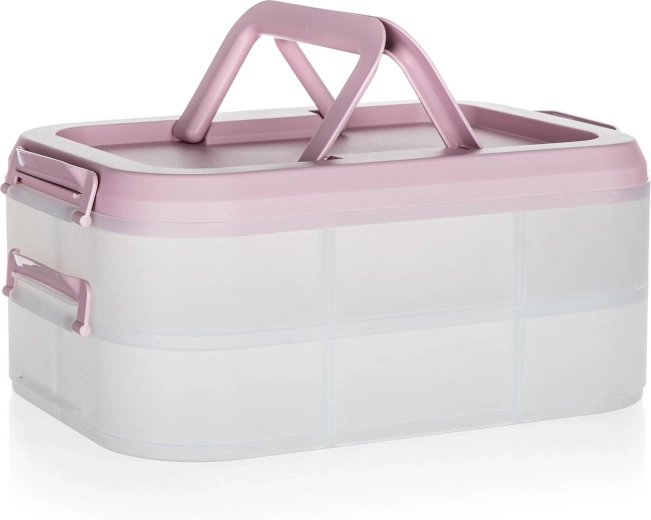 Plastic partybox met twee niveaus en handgrepen 40 × 28 × 17,8 cm, transparant/roze