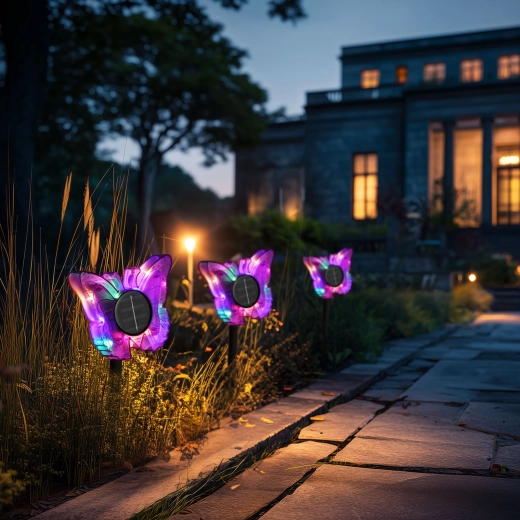Paarse vlinder-zonnespieslamp met gekleurde LED's