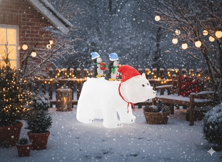 Inflatable Christmas decoration polar bear with penguins, LED, 200 cm