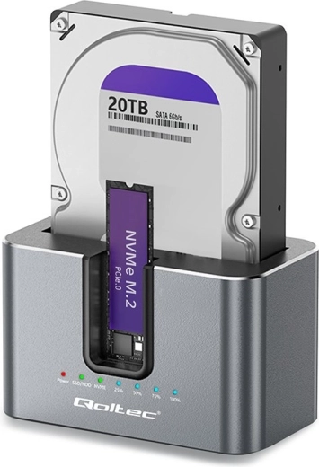 Station d’accueil Qoltec 2 en 1 pour HDD/SSD SATA et M.2 NVMe avec clonage, USB-C 10 Gb/s