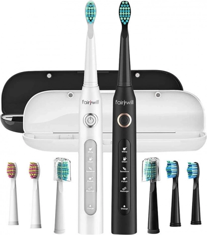 Lot de 2 brosses à dents soniques FAIRYWILL avec jeu de têtes et étuis, noir/blanc