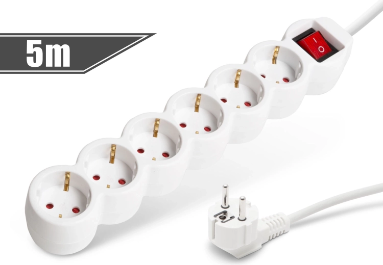 White extension cord with 6 sockets and a switch, 5 m
