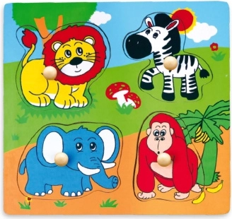 Houten safari-inlegpuzzel met dieren en knopjes 22 × 22 cm