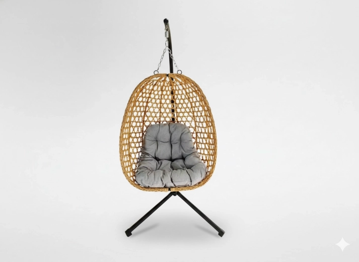 Hängesessel Faron, klappbar, in natürlicher Rattan-Optik mit grauem Polster und schwarzem Gestell