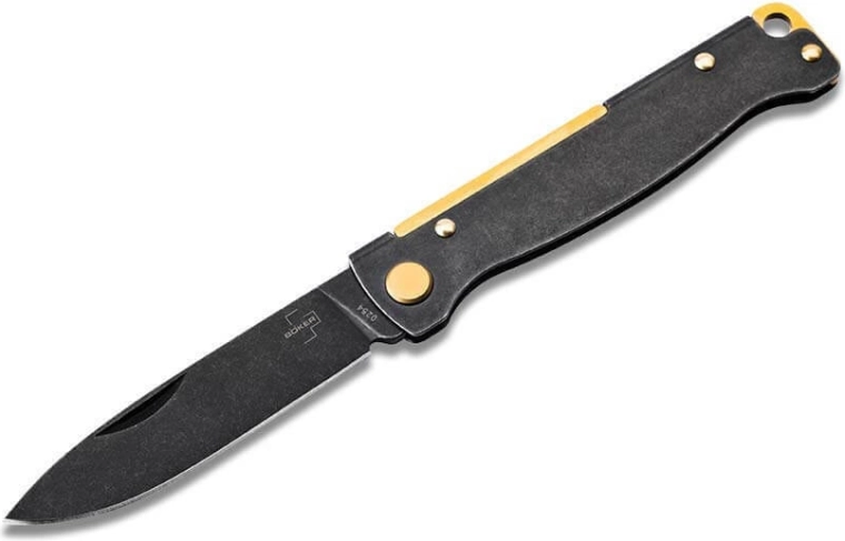 Böker Plus Atlas Pocket Knife, 7.2 cm, Blackwash finish, brass accents