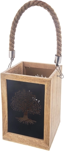 Wooden mango wood lantern 20 cm with tree motif