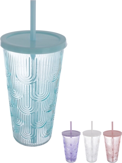 Glass jar with plastic lid and straw 0.48 l – assorted colors