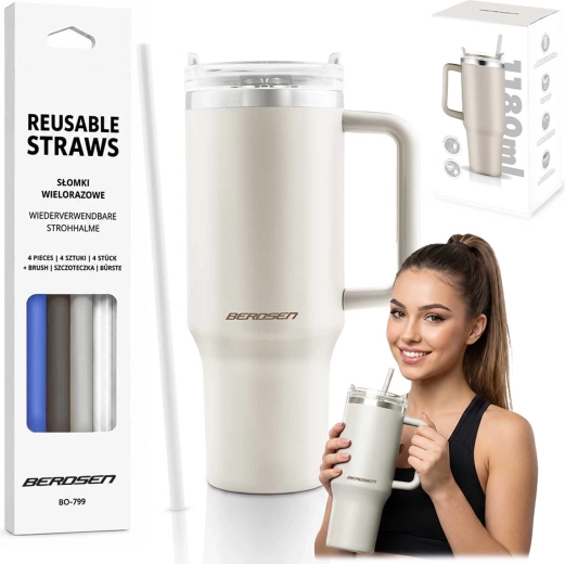 Mug isotherme sous vide Berdsen 1180 ml avec set de pailles, crème