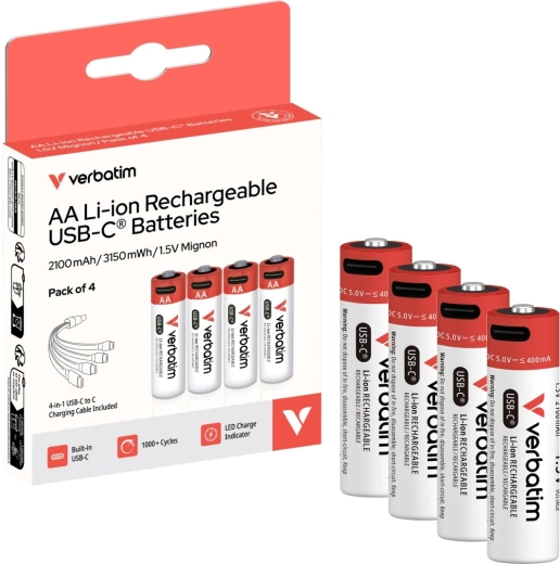 Verbatim AA USB-C Rechargeable Batteries 2100 mAh with Cable - 4 pcs