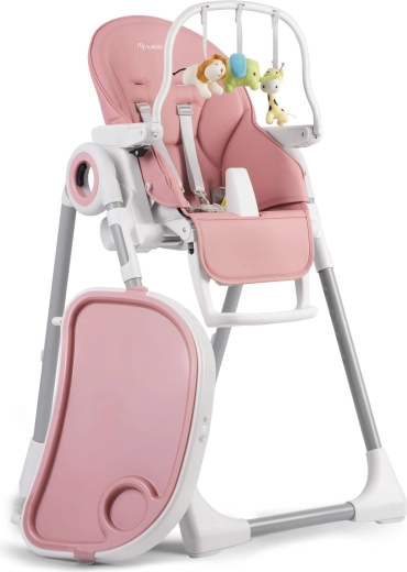 Chaise haute multifonction Nukido Belo avec tablette et arche avec jouets, rose