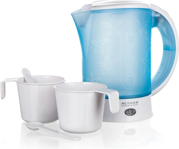 Travel electric kettle 0.6 L with cups and spoons