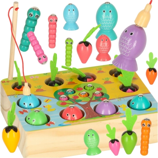 Jeu Montessori en bois : pêche magnétique, vers et récolte de carottes
