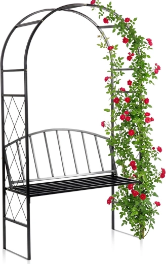 Pergola de jardin en métal avec banc, noire, 115 × 50 × 210 cm