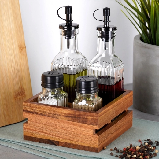 Durable ribbed glass and sturdy wooden stand