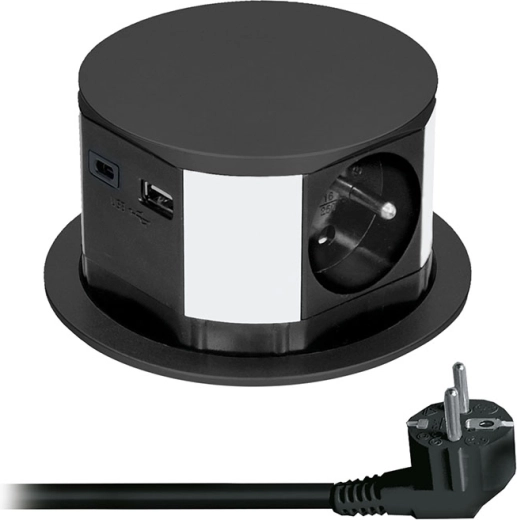 Solight uitschuifbare stekkerdoos met 3 stopcontacten en USB-opladen, zwart