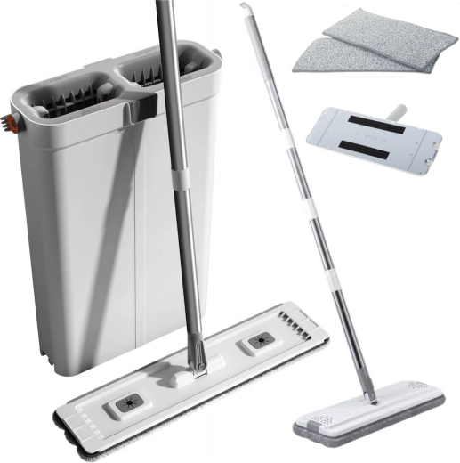 Reinigungsset mit Flachmopp und Doppelkammer-Eimer aus Mikrofaser