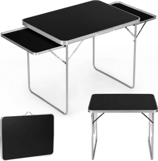 MultiGarden folding camping table 120 × 60 cm with 2 side shelves, black