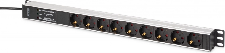 Rack-voedingsrail DIGITUS PDU 9× Schuko met overspanningsbeveiliging en EMI/RFI-filter, 620 mm