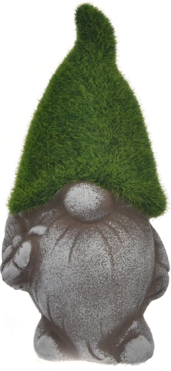 Decorative ceramic gnome with moss and butterfly, grey, 19 cm